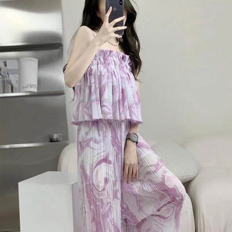 跨境外贸2022吊带抹胸背心+阔腿百褶长裤两件套休闲时尚套装女
