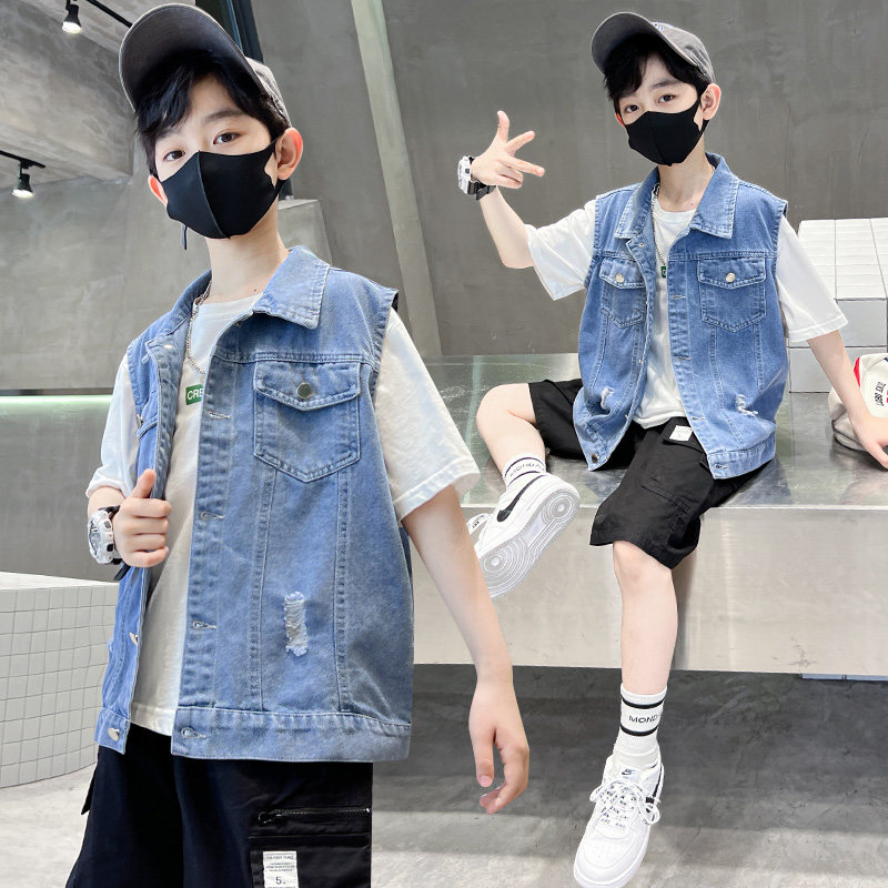 水洗翻领常规款牛仔布扣子马甲,童装/婴儿装/亲子装,马甲,淘宝优惠券,粉丝福利购,淘宝优惠卷