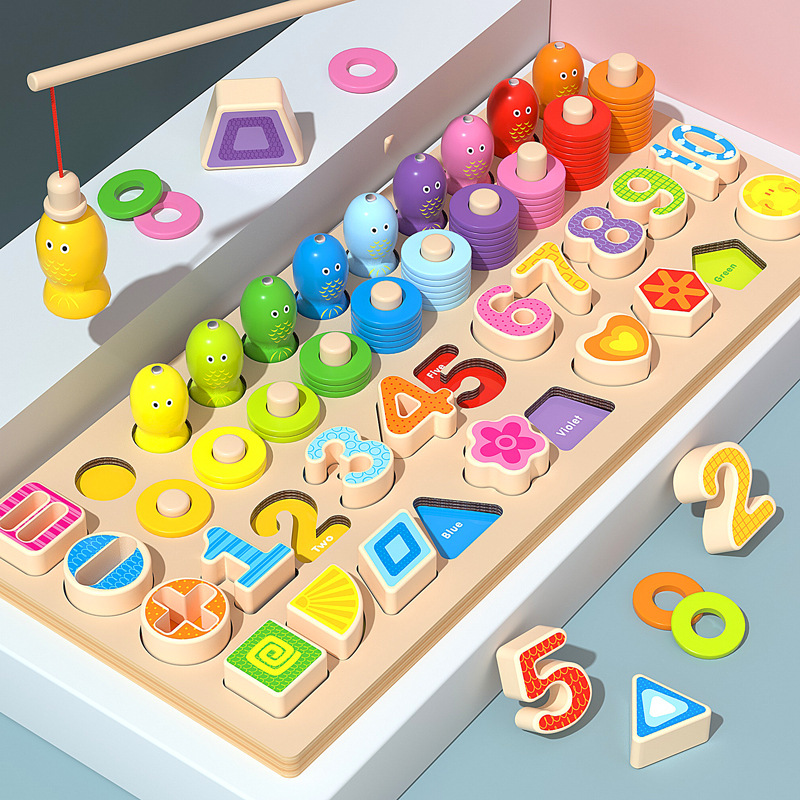 木丸子儿童木制五合一对数板数字运算钓鱼形状配对拼图拼板玩具