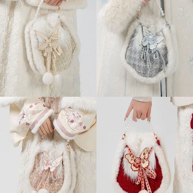 秋冬刺绣货郎包红色马鞍包古风甜美毛绒百搭斜挎单肩手提货郎包女