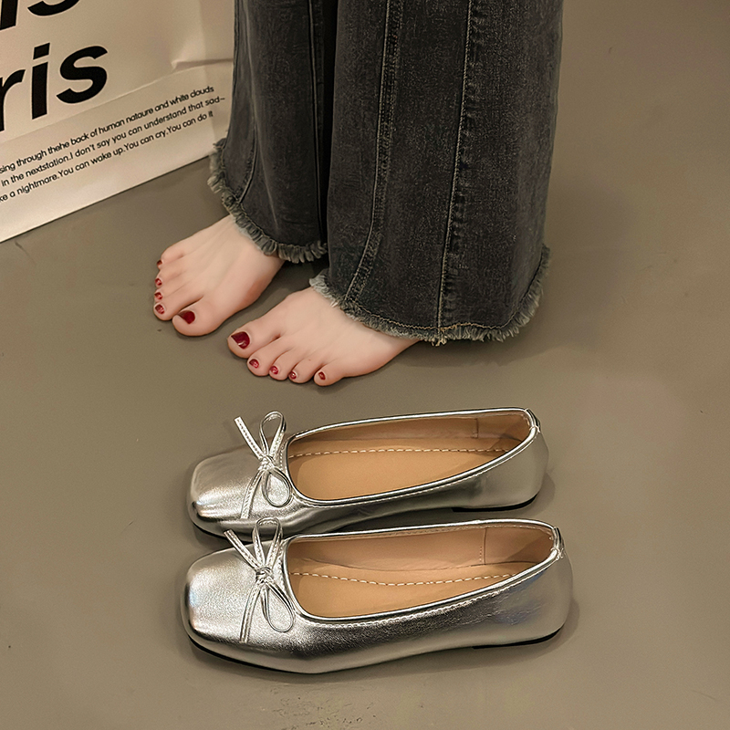 法式银色单鞋女方头浅口平底鞋