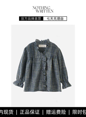 【现货】NOTHING WRITTEN蓝色格子花边衬衫单排扣荷叶边复古衬衣