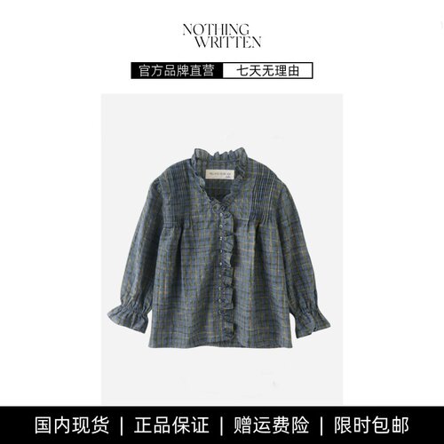【现货】NOTHING WRITTEN蓝色格子花边衬衫单排扣荷叶边复古衬衣