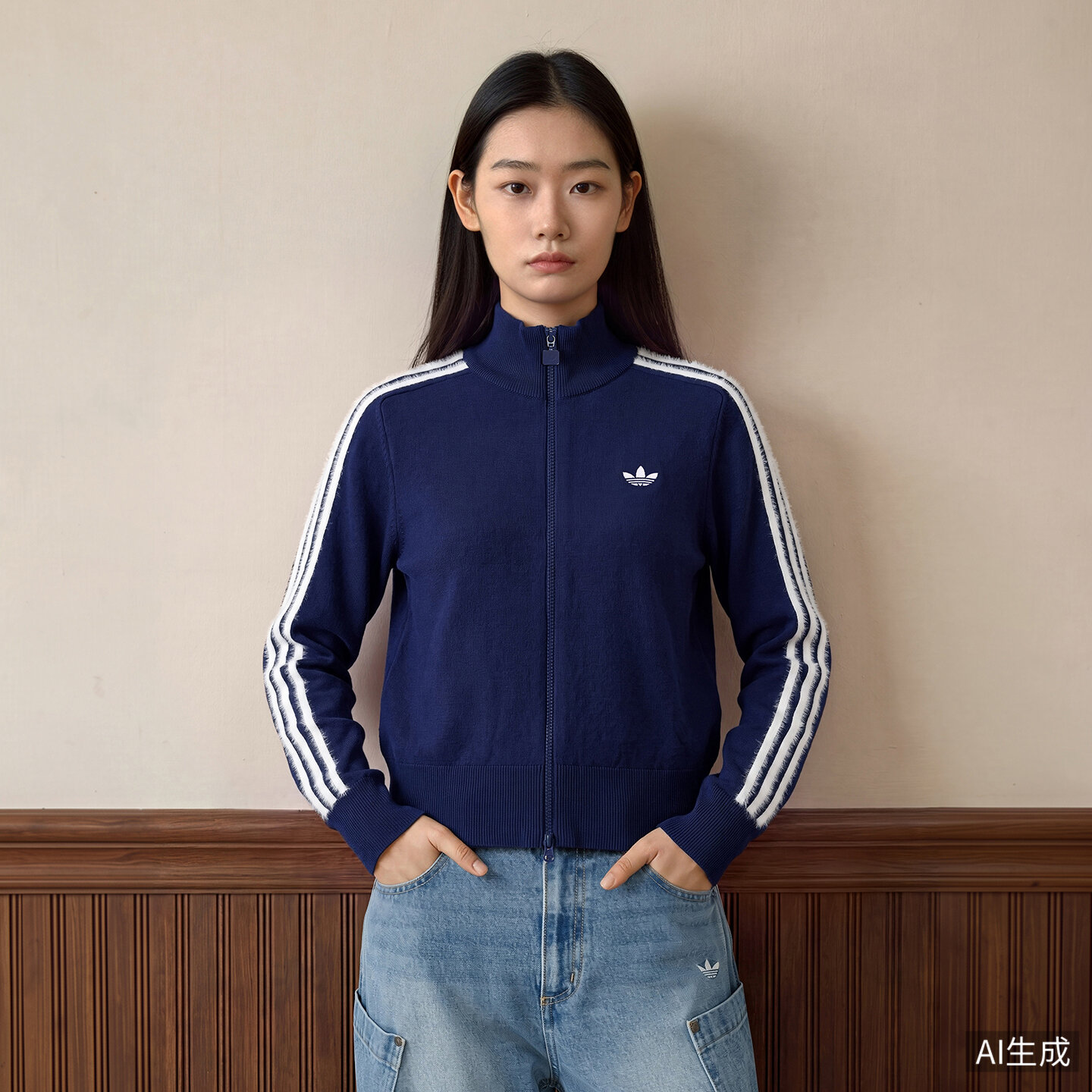 adidas阿迪达斯三叶草女子KNIT修身舒适运动休闲夹克外套KW2588