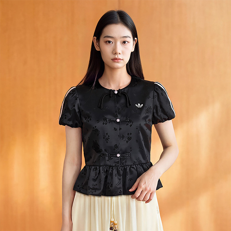 滔搏adidas阿迪达斯三叶草女子新中式泡泡袖提花夹克外套LD6443