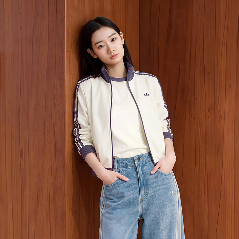 adidas阿迪达斯三叶草女子蕾丝三条纹运动休闲立领夹克外套LF2334
