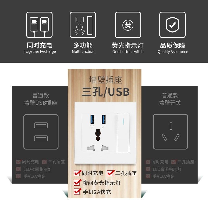 新86型国际通用一开三孔双usbtypec开关控制Q灯多功能港澳版插座,电子/电工,USB插座/快充插座,淘宝优惠券,粉丝福利购,淘宝优惠卷