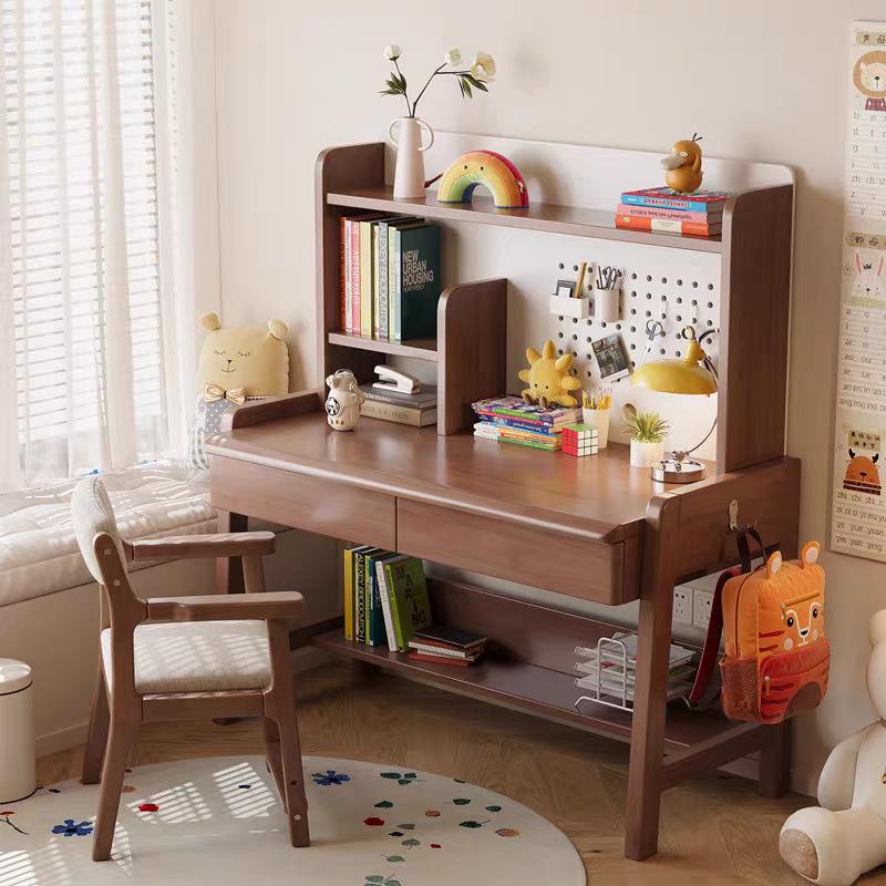 实木书桌书架一体桌带洞洞板简约家用中小学生儿童学习写字桌卧室