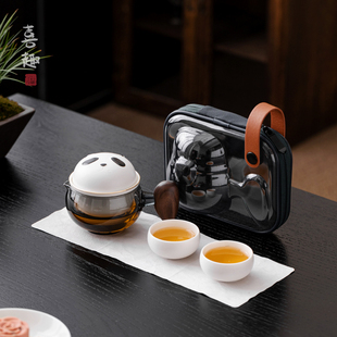 户外一壶两杯创意茶水分离功夫旅行茶具套装 喜趣熊猫快客杯便携式