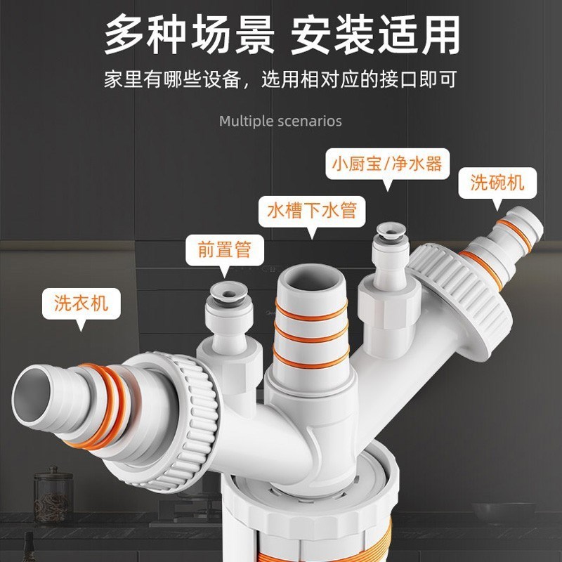厨房下水管三头通防臭神器水槽洗菜盆排水三通防返臭分水器接头