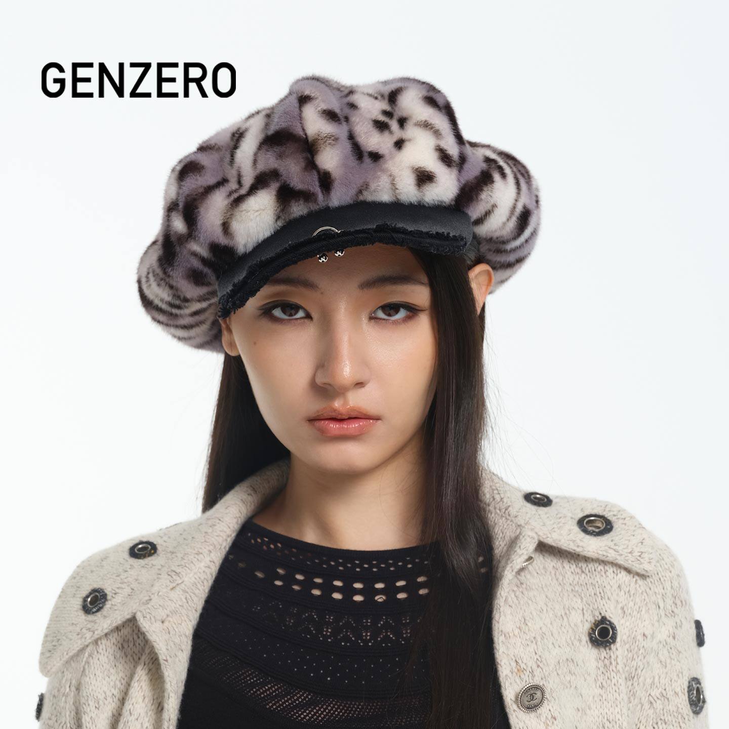 GENZERO做旧牛仔帽檐豹纹贝雷帽