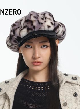 GENZERO「bow」淡紫色毛绒豹纹贝雷帽水洗牛仔磨边帽檐八角帽