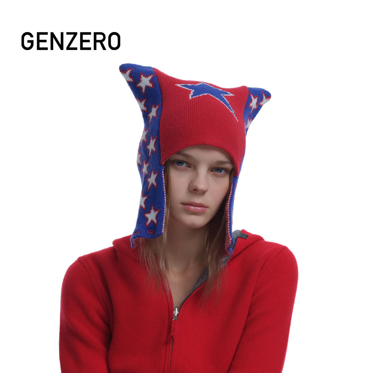 GENZERO「didi」猫耳针织帽红蓝五角星包包护耳毛线帽男女同款