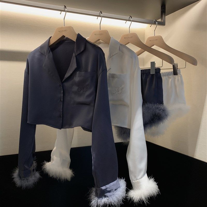鸵鸟毛睡衣套装女薄款时尚宽C松长袖高腰短裤家居服两件套