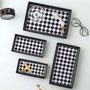 黑白棋盘格托盘家用长方形陶瓷茶杯子拖盘首饰收纳香薰蜡烛置物盘