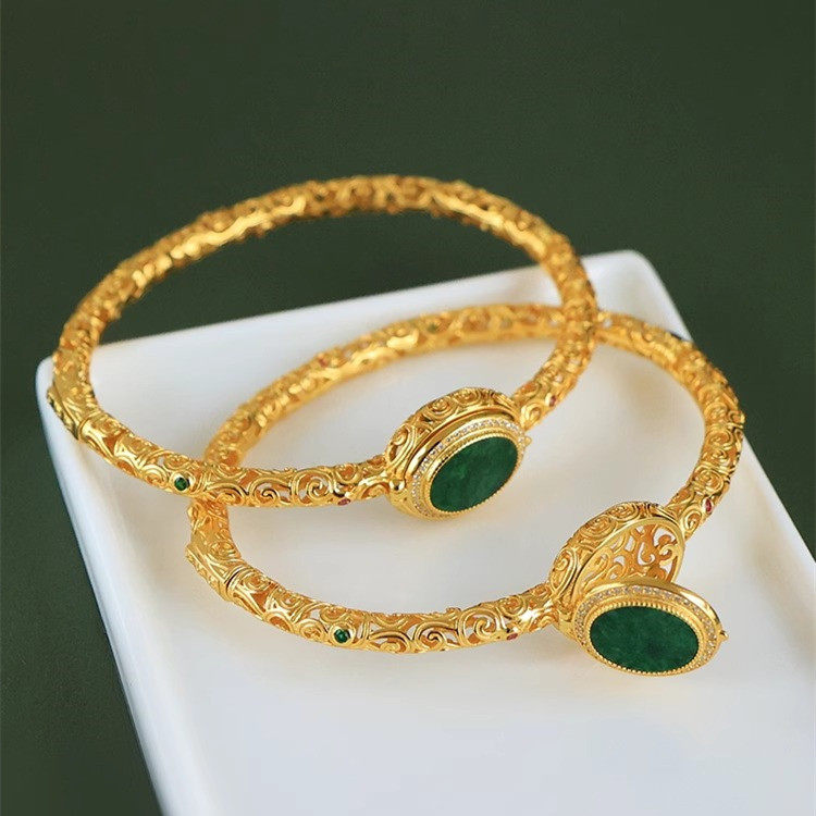 祥云花丝翡翠手镯925银镀金镂空香囊可打开 女旗袍新中式古风镯子