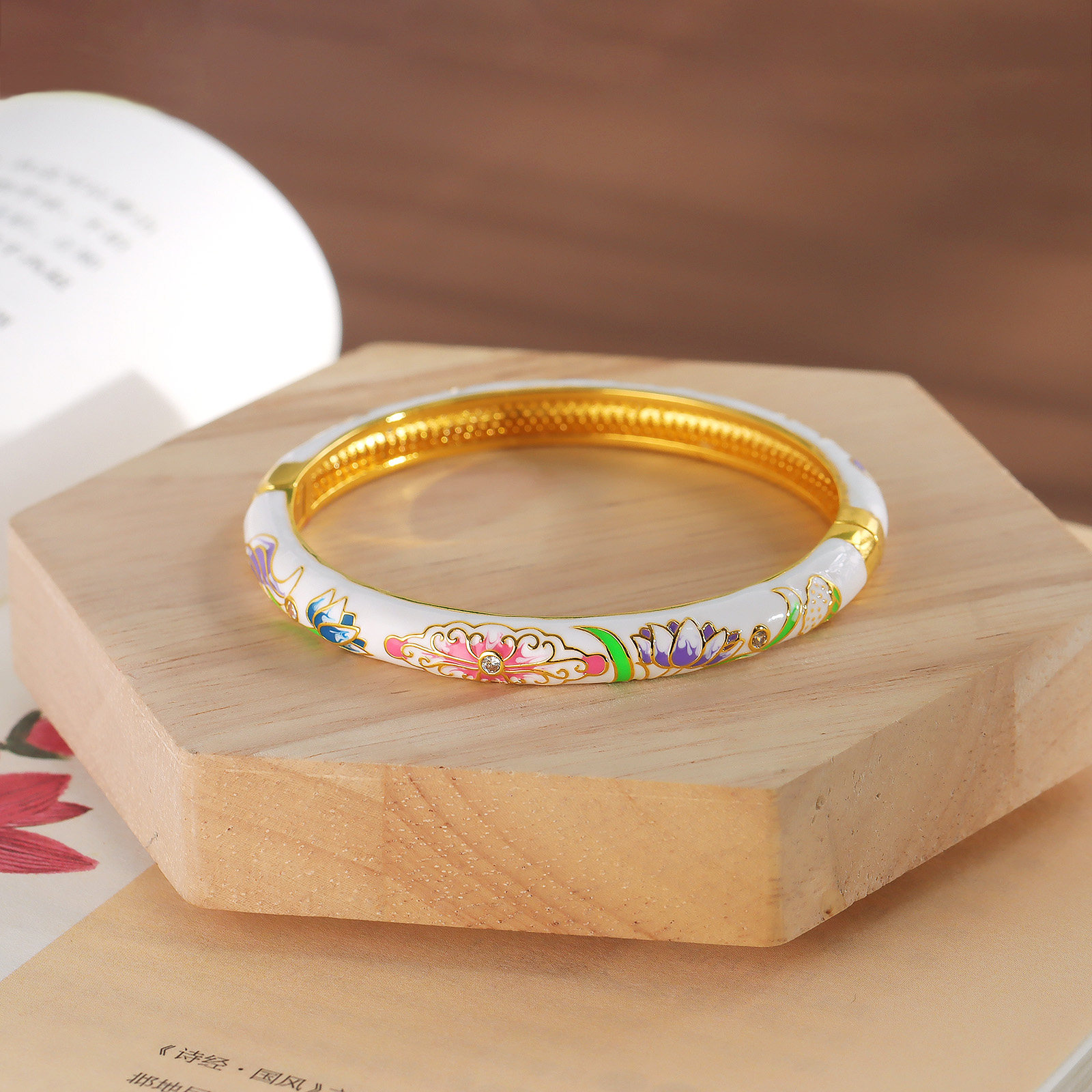 景泰蓝925银莲子荷花手镯旗袍女掐丝珐琅复古民族风开口镂空手环