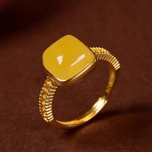 蜜蜡方糖925银戒指女小众设计轻奢国风复古民族风活口可调节指环