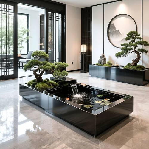 室内流水台花箱水箱叠泉瀑布鱼池金属组合大堂入户水池造景摆件