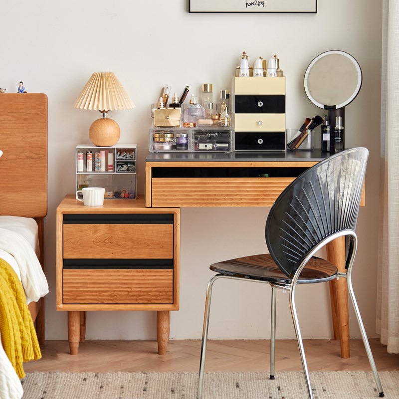 北欧实木樱桃原木梳妆台斗柜书桌一体卧室化妆台床头柜可伸缩复古