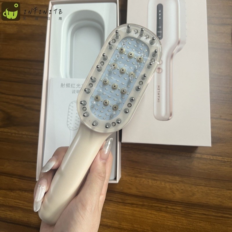 电动按摩梳跨境红蓝光RF导液激光头皮上药器EMS充电款防脱生发梳