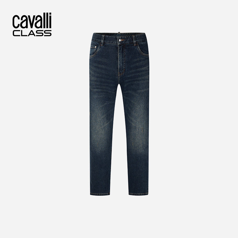 Cavalli Class卡沃利男装秋冬新款压花牛仔裤纯色直筒休闲长裤