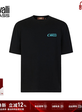 Cavalli Class卡沃利男装刺绣短袖T恤男夏季新款印花黑色半袖体恤