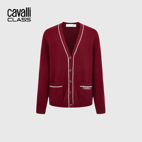 Cavalli Class卡沃利高端女装提花撞色开衫毛衣秋冬V领羊毛针织衫