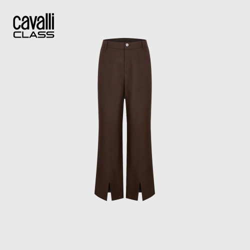 Cavalli Class卡沃利高端女装简约刺绣西裤春秋微喇开叉直筒长裤