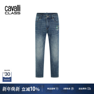 蓝白水洗百搭休闲裤 CavalliClass卡沃利LOGO刺绣牛仔裤 男秋冬新款