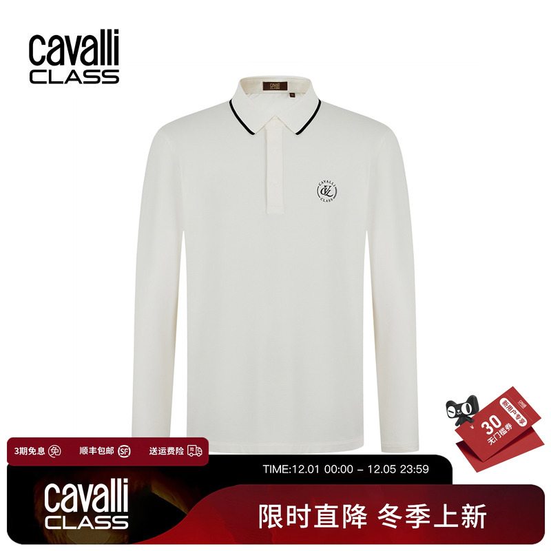 Cavalli Class卡沃利春秋新款印花长袖polo衫男高级感品质翻领T恤
