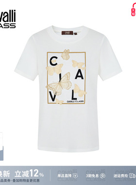 Cavalli Class卡沃利女装蝴蝶刺绣短袖T恤亮丝印花设计感气质上衣