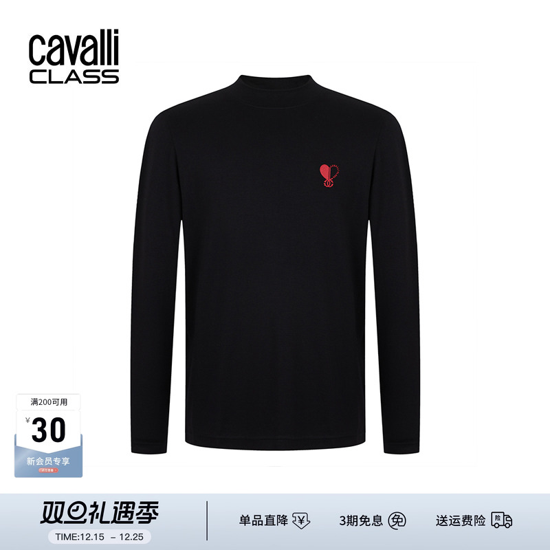 卡沃利休闲刺绣半高领长袖T恤