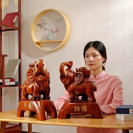 花梨木雕刻大象摆件一对平安纳福实木象家居客厅电视柜装饰工艺品