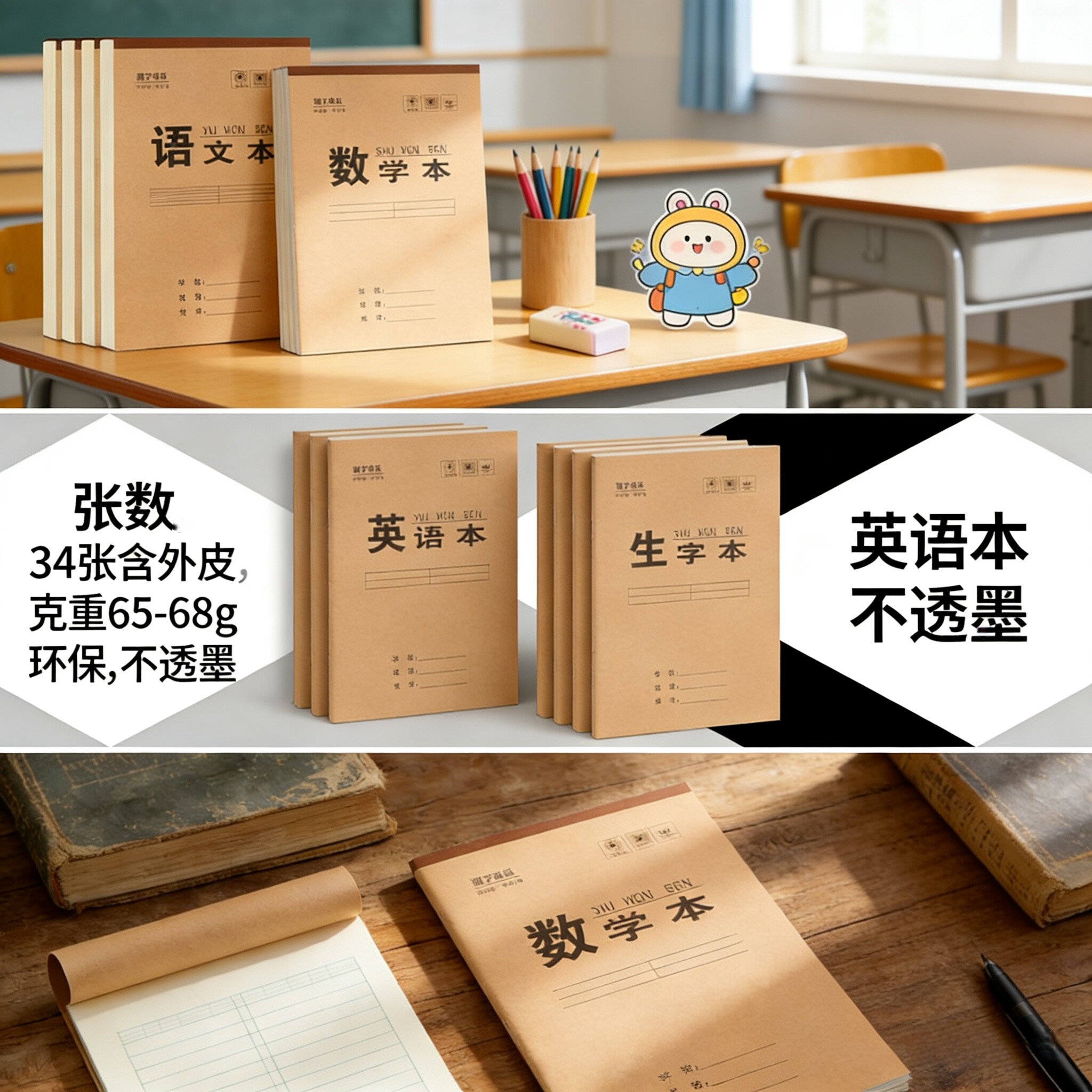 16K34张硬外皮大本特厚纸张米黄护眼语文英语数学生字作业本子