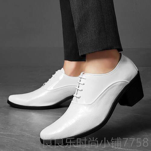 新款漆皮男士皮鞋尖头高鞋店男鞋夜子英伦男式鞋黑跟色鞋高跟鞋皮