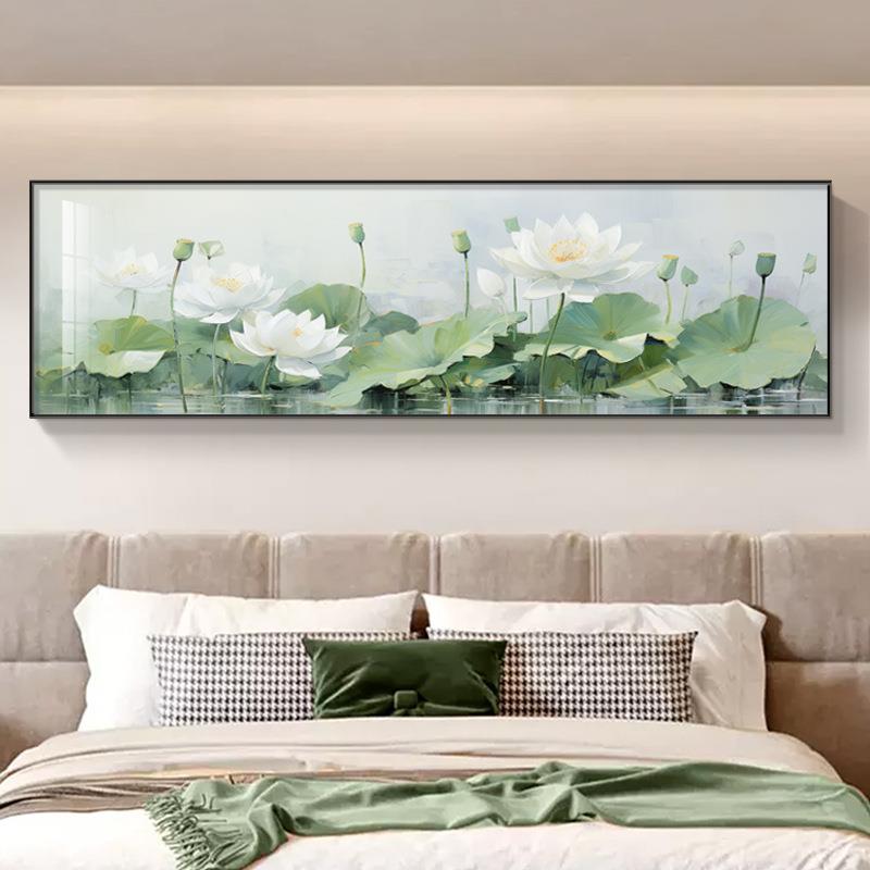 新中式荷花卧室床头装饰画横版莲花客厅壁画温馨主卧房间墙壁挂画