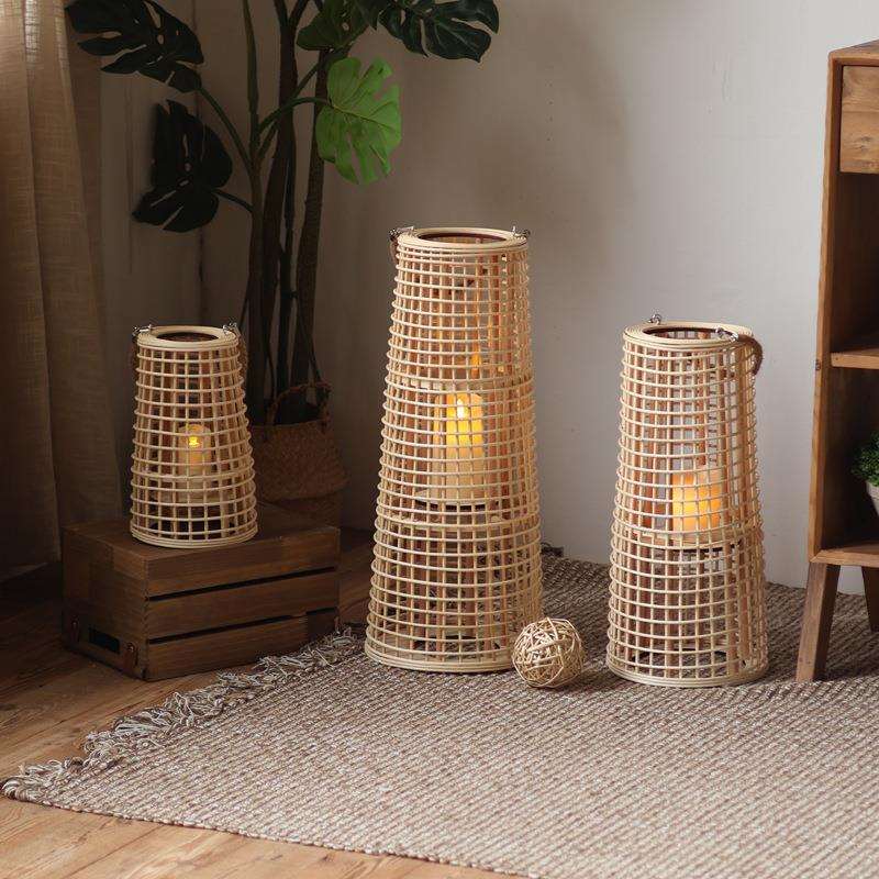 藤编手提灯落地风灯高款插电烛台拍摄道具设计师摆件灯笼简约现代