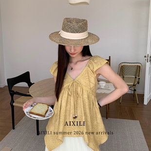 17018 拼接花边抽绳设计上衣小衫 AIXILI爱西里 绿野仙踪v领小飞袖