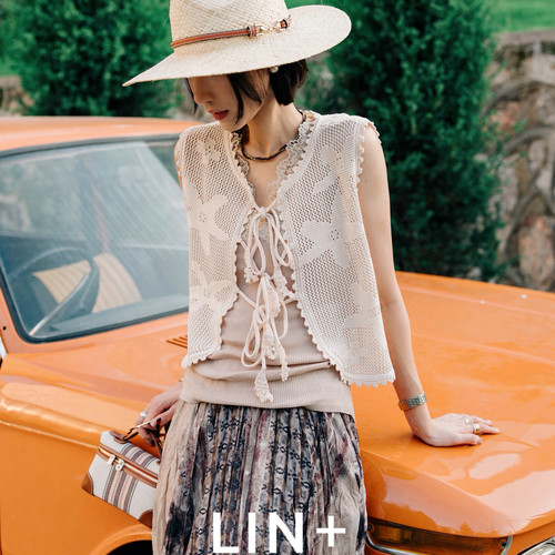 LIN+  -赛尔亚麻超嗲开衫提花度假针织马甲(莱赛尔亚麻)ZL003