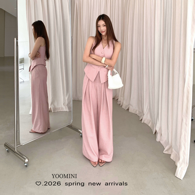 YOOMINI-麻修身简约背心+高腰休闲阔腿裤套装(两件套)Y11074-DLH