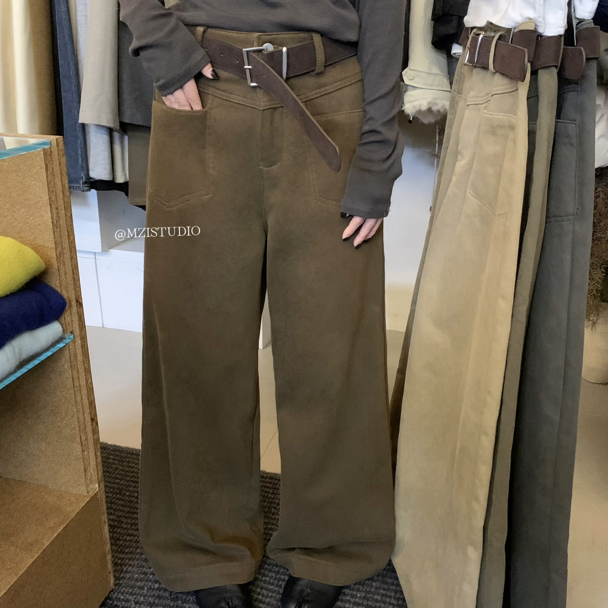 MZI STUDIO-自我韩标加绒冬日御寒保暖时髦设计感牛仔裤(配皮带)