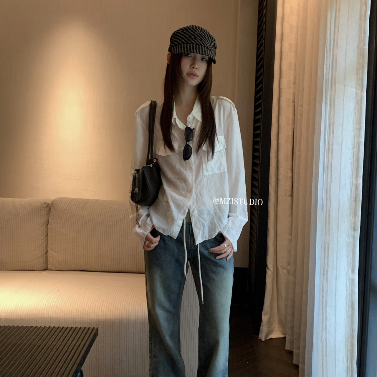 MZI STUDIO-调秋款口袋钮扣翻领软糯清透百搭薄款外搭衬衫157961#图片