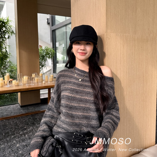 ZY GODDESS-围感露肩条纹宽松短款针织衫毛衣JC2225