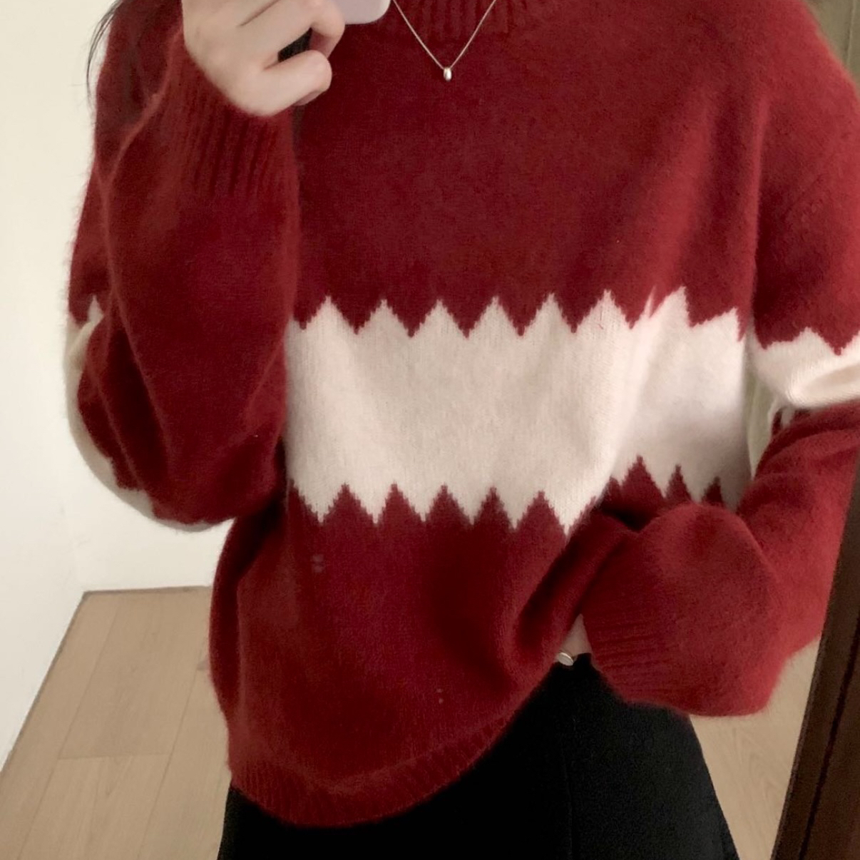 TOMORROW-圣诞款～浣熊撞色慵懒休闲套头毛衣(含27.9绵羊毛)