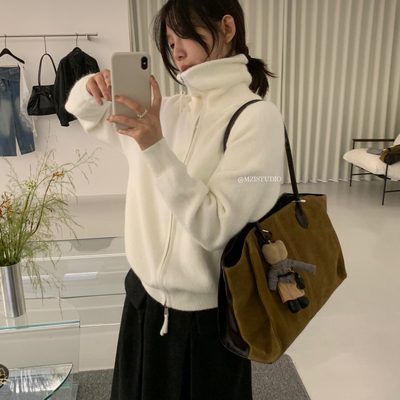 MZI STUDIO-级质感软糯气质简约净色拉链开衫保暖毛衣（含10兔毛