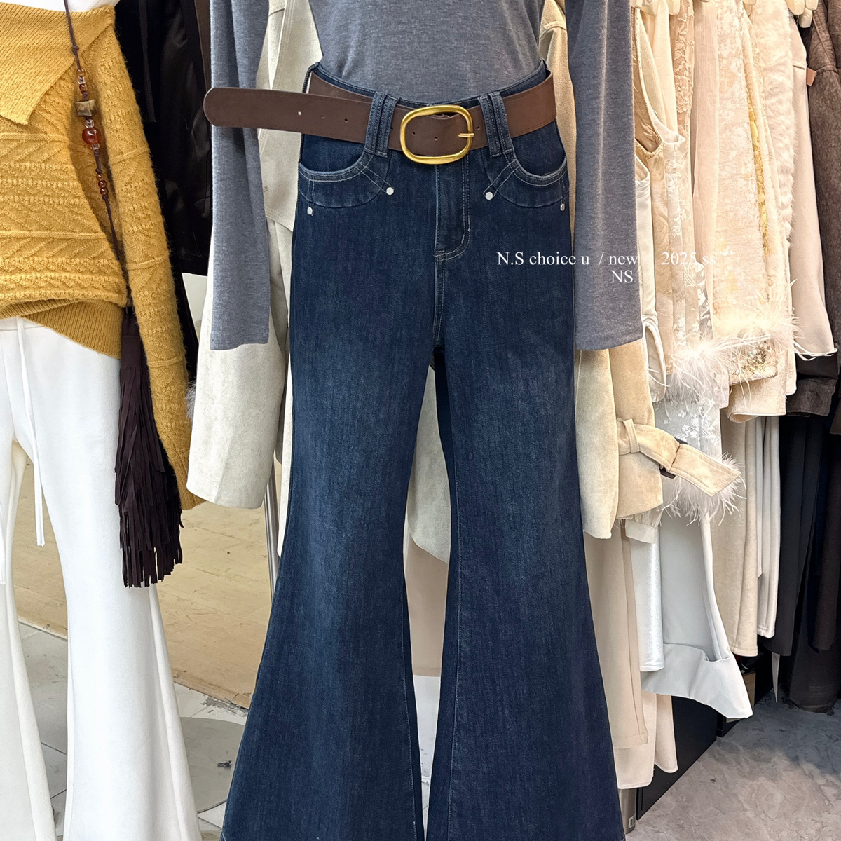 NS CHOICE U-冬上新时髦气质加绒高腰显瘦加厚微喇牛仔裤(配腰带)