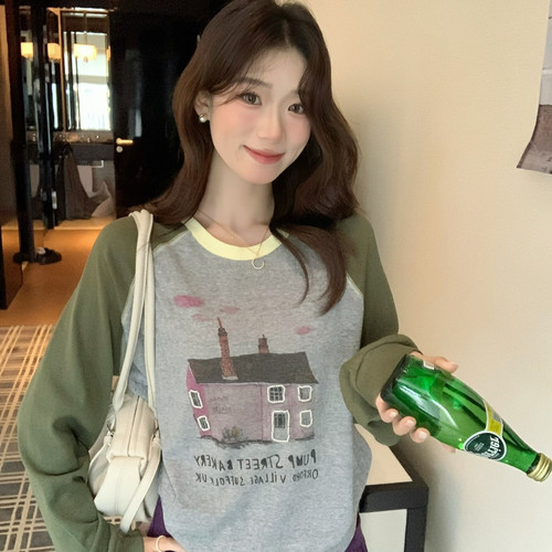 SUSAN-拒绝撞款韩系手绘小屋插画印花减龄撞色通勤长袖T恤6500s