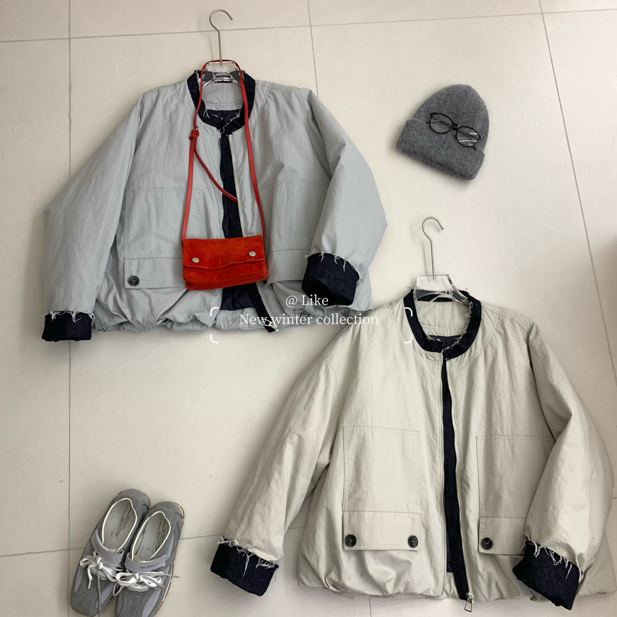 喜番牛仔拼接设计三星安心圆领外套派克棒球服保暖羽绒服外套45克