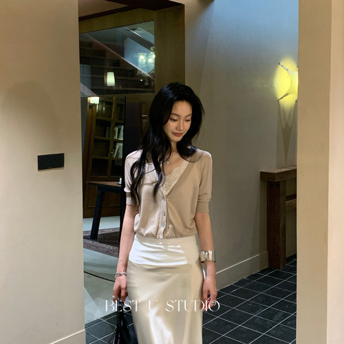 BEST U-款亚麻开衫薄款短款V领显瘦百搭防晒空调衫小衫62861